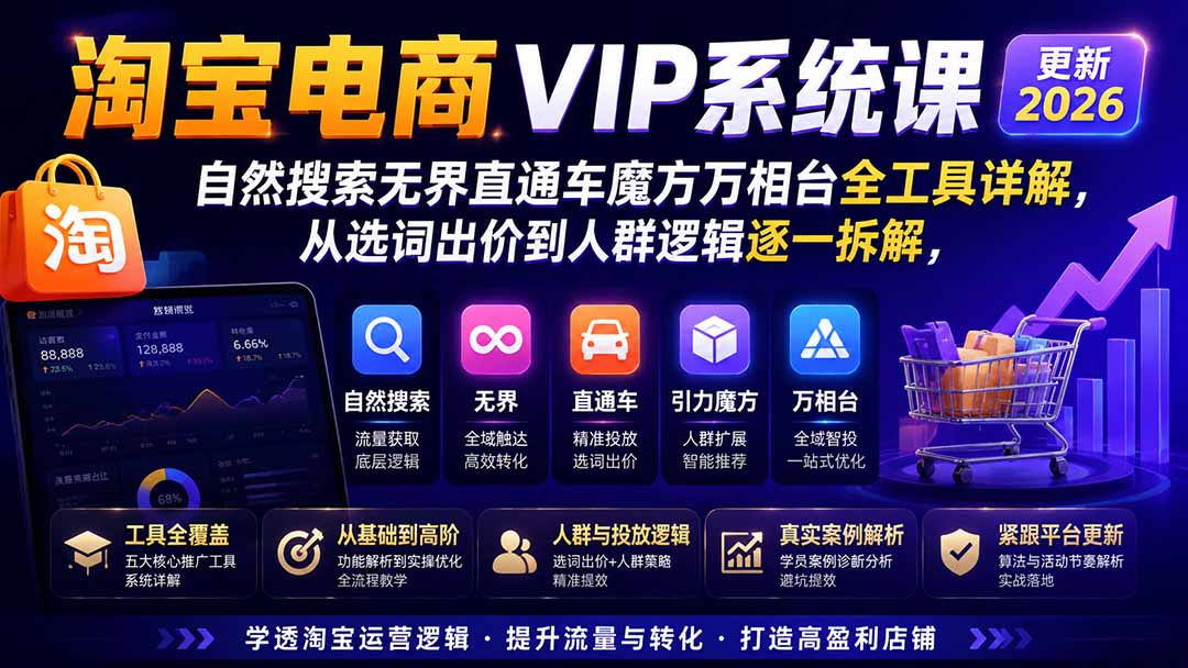 2026淘宝电商终局之战VIP课-更新1022:自然搜索+直通车+无界+精准人群,系统掌握测款动销与全店推广布局方法-云创网:网创终点站