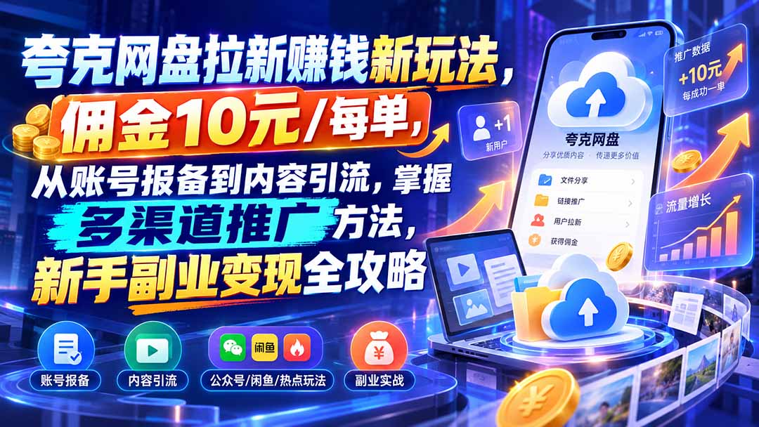 夸克网盘拉新赚钱新玩法,佣金10元/每单,从账号报备到内容引流,掌握多渠道推广方法,新手副业变现全攻略-云创网:网创终点站