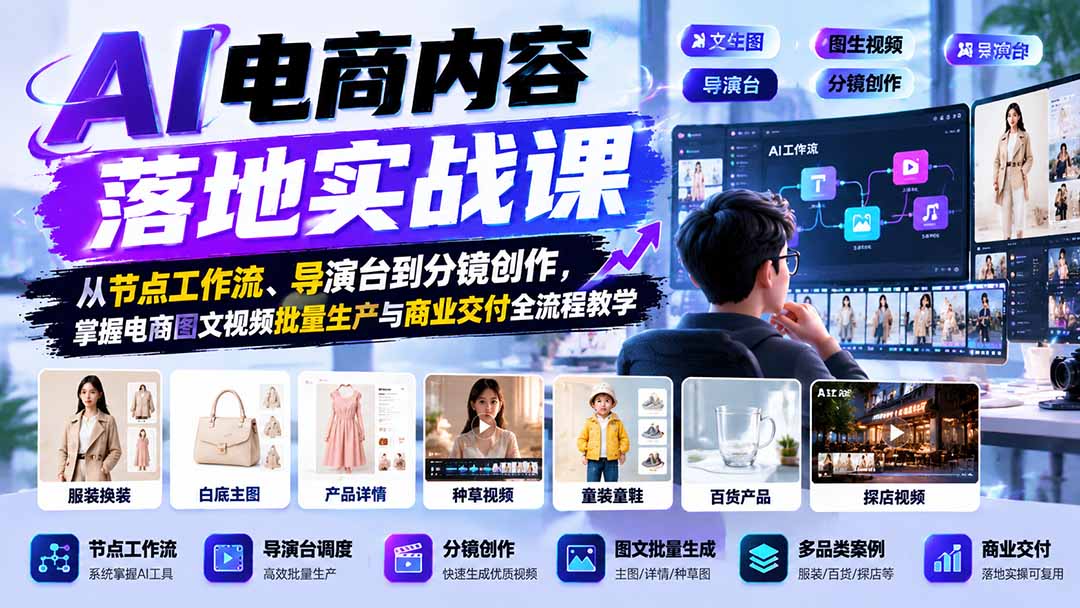 AI电商内容落地实战课:从节点工作流、导演台到分镜创作,掌握电商图文视频批量生产与商业交付全流程教学-云创网:网创终点站
