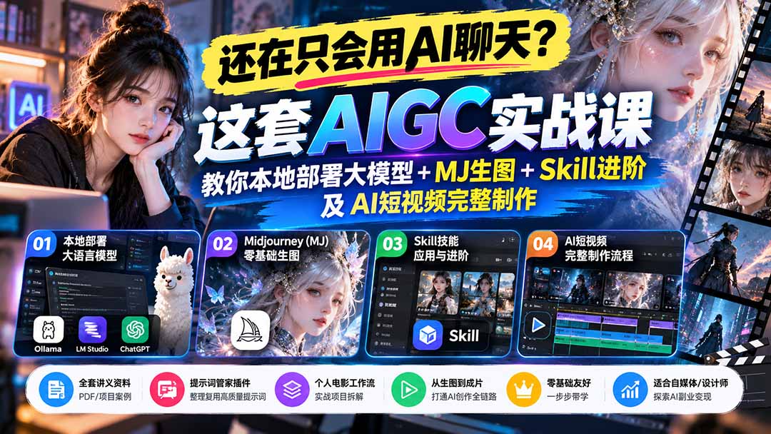 【无水印】还在只会用AI聊天?这套AIGC实战课教你本地部署大模型+MJ生图+Skill进阶及AI短视频完整制作-云创网:网创终点站