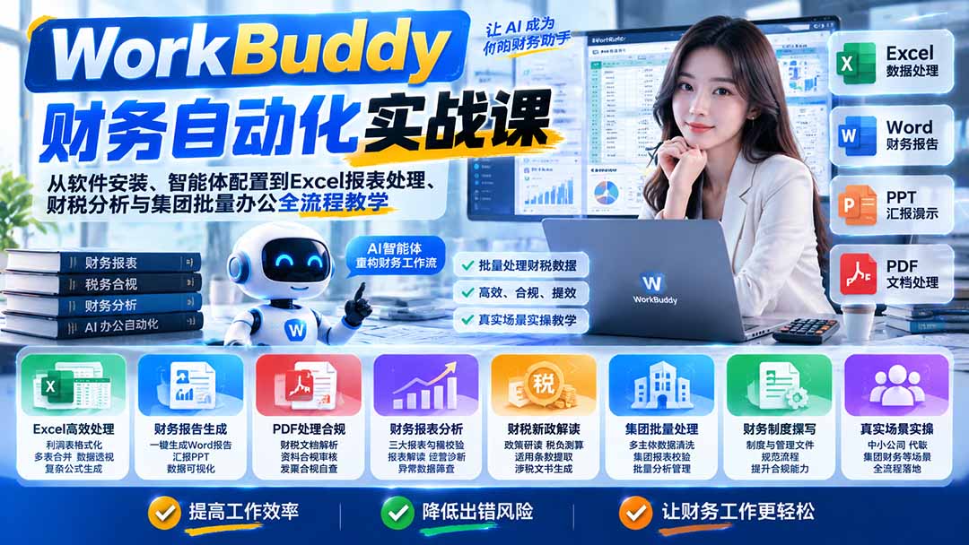 WorkBuddy财务自动化实战课:从软件安装、智能体配置到Excel报表处理、财税分析与集团批量办公全流程教学-云创网:网创终点站