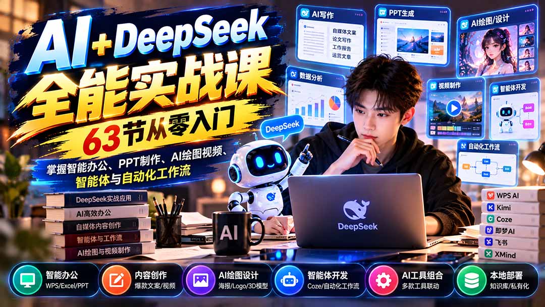 AI+DeepSeek全能实战课:63节从零入门,掌握智能办公、PPT制作、AI绘图视频、智能体与自动化工作流-云创网:网创终点站